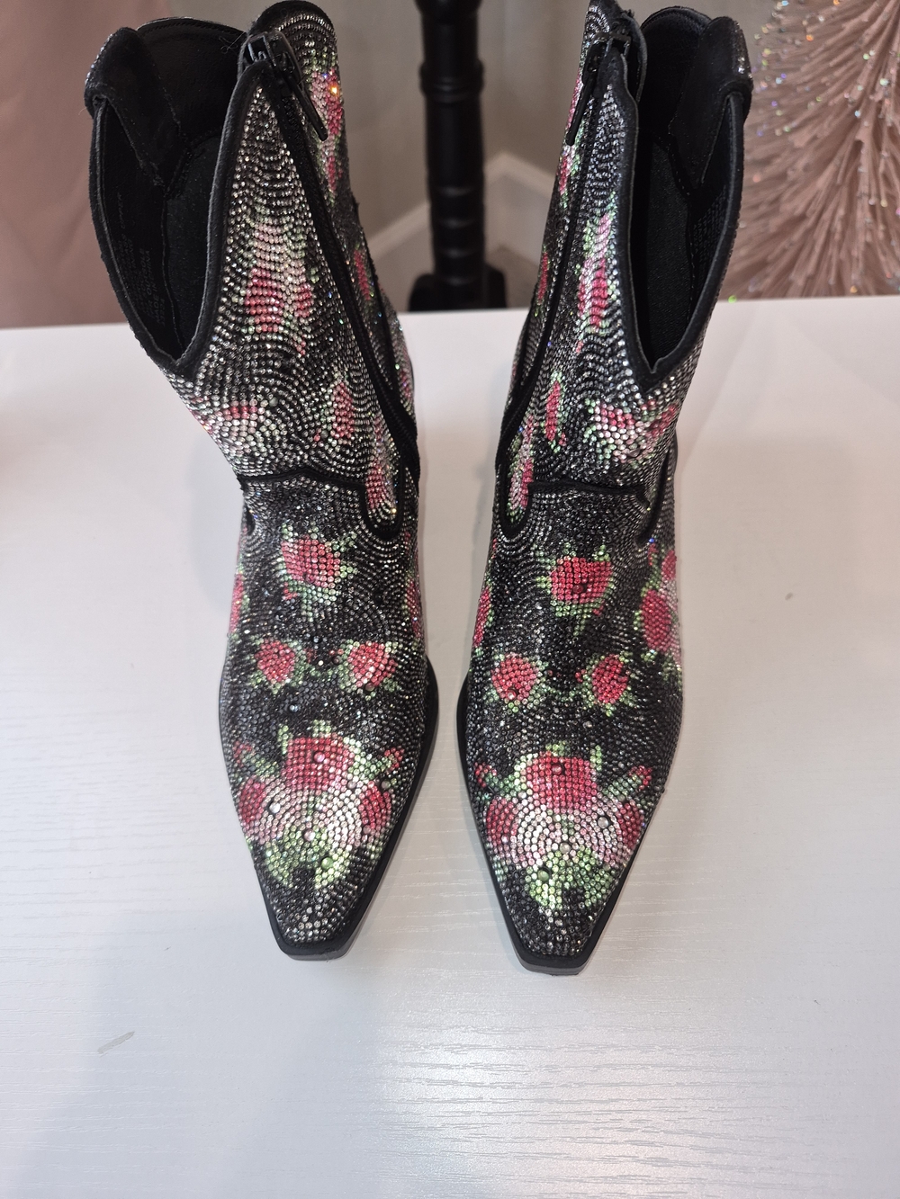 Wild Pair Black Rhinestone Floral Ankle Boots with Pink Roses